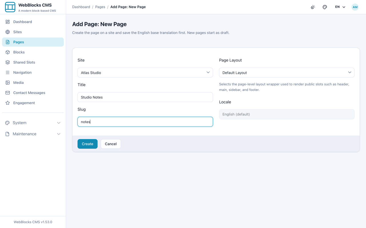 New page form with title, slug, and page layout fields.