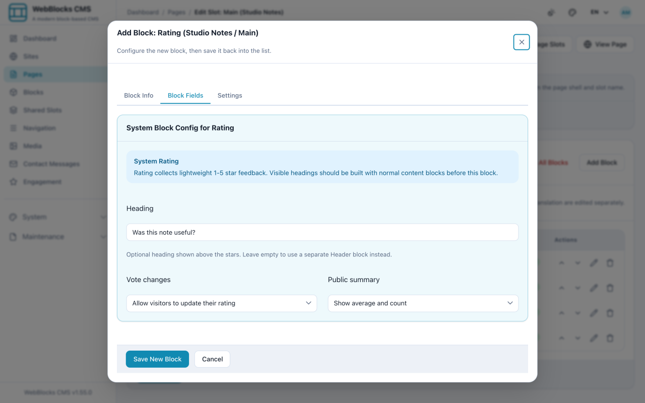Rating block form showing heading, vote changes, and public summary settings.