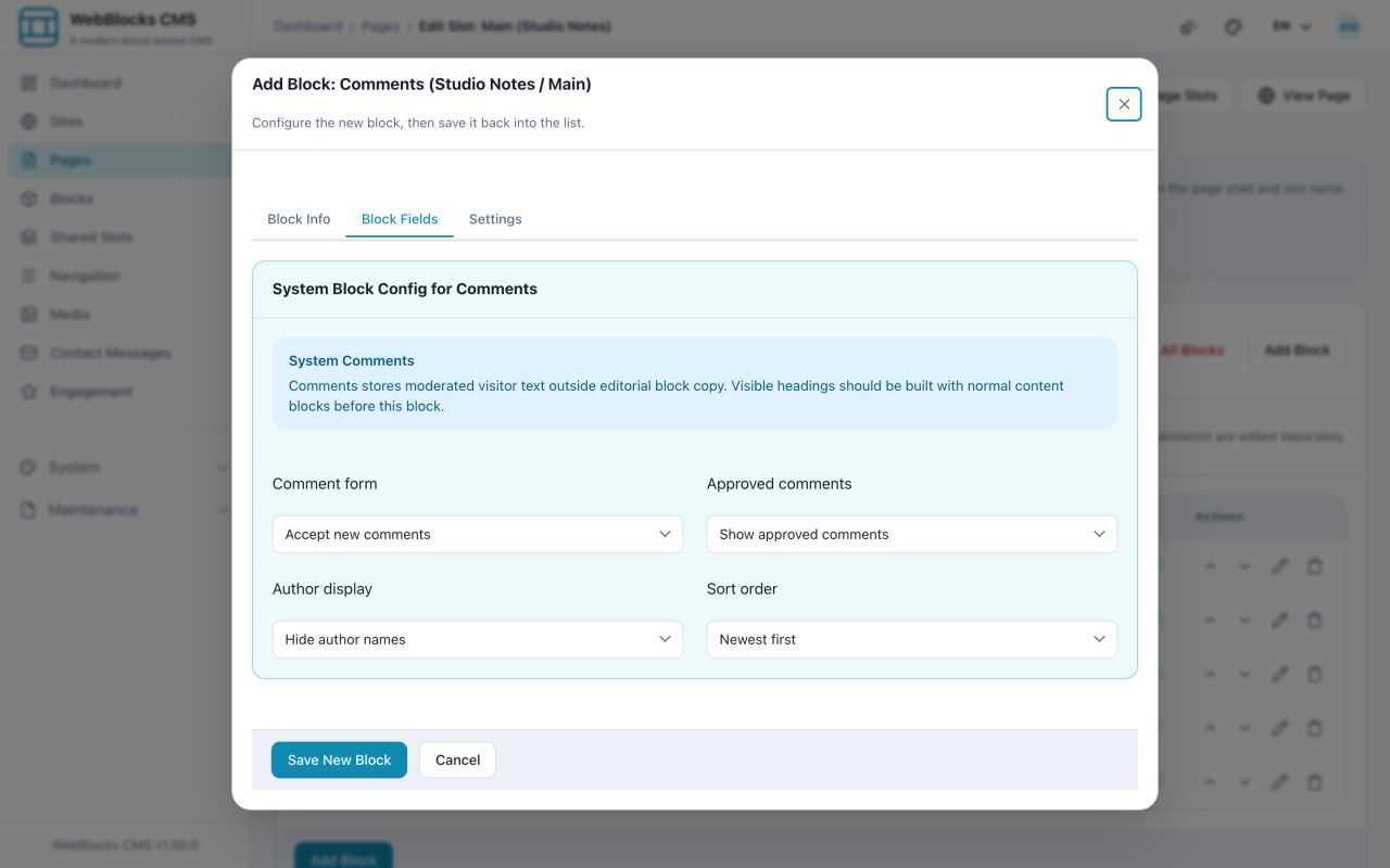 Comments block form showing form enabled, approved comments, author display, and sort order.