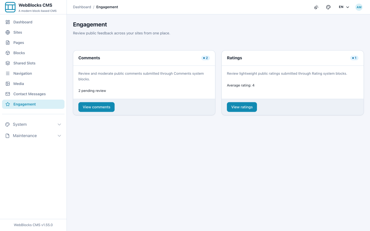 Engagement overview showing pending comments and average rating.