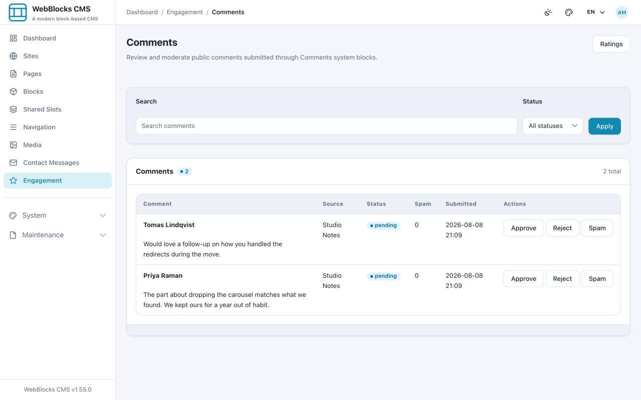 Comments moderation screen listing pending comments with approve, reject, and spam actions.