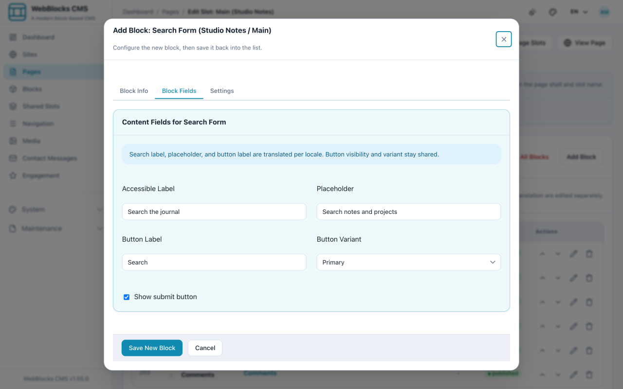 Search form block showing accessible label, placeholder, button label, and variant.