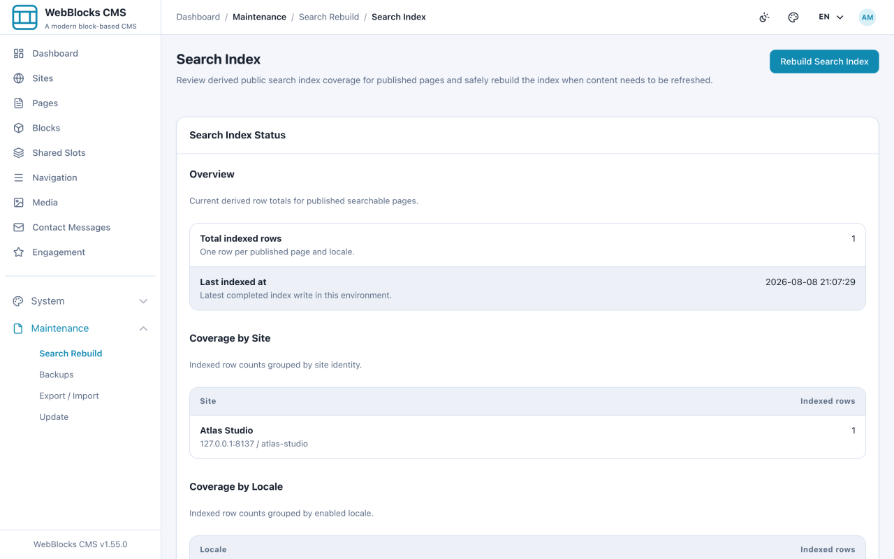System search screen showing the public search index status.