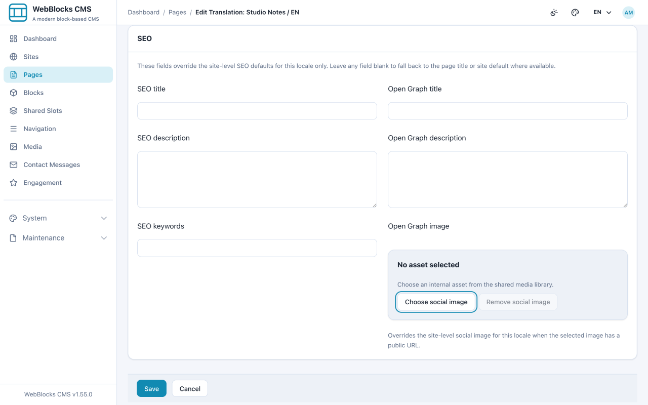 Translation editor showing SEO title, description, keywords, and social image fields.