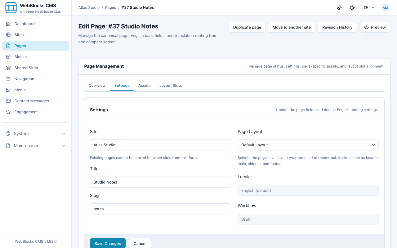 Page edit screen showing a newly created draft page.