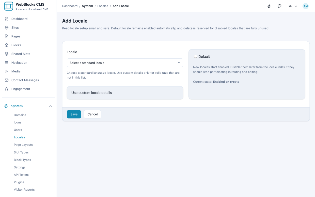 Add locale form for registering a new language in the installation.