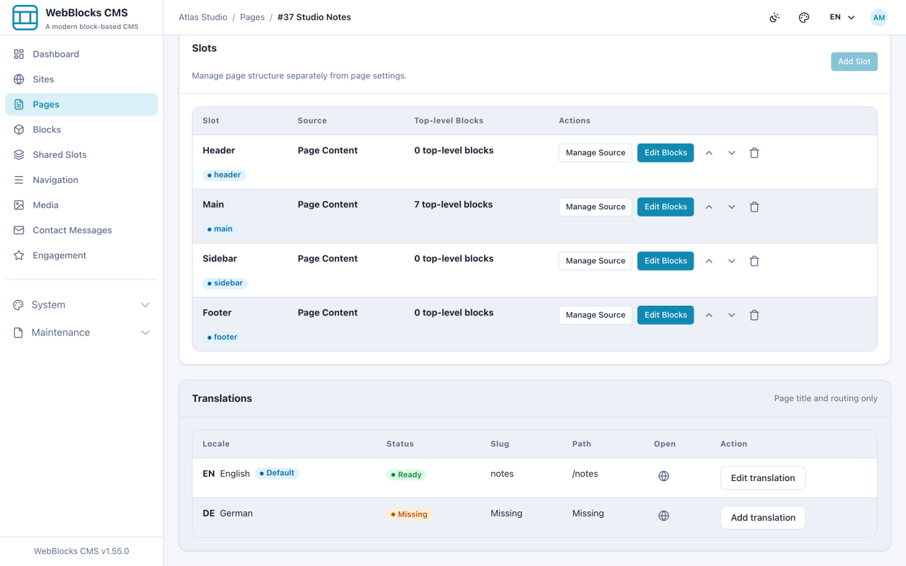 Page translations card listing locales with their slug, path, and status.