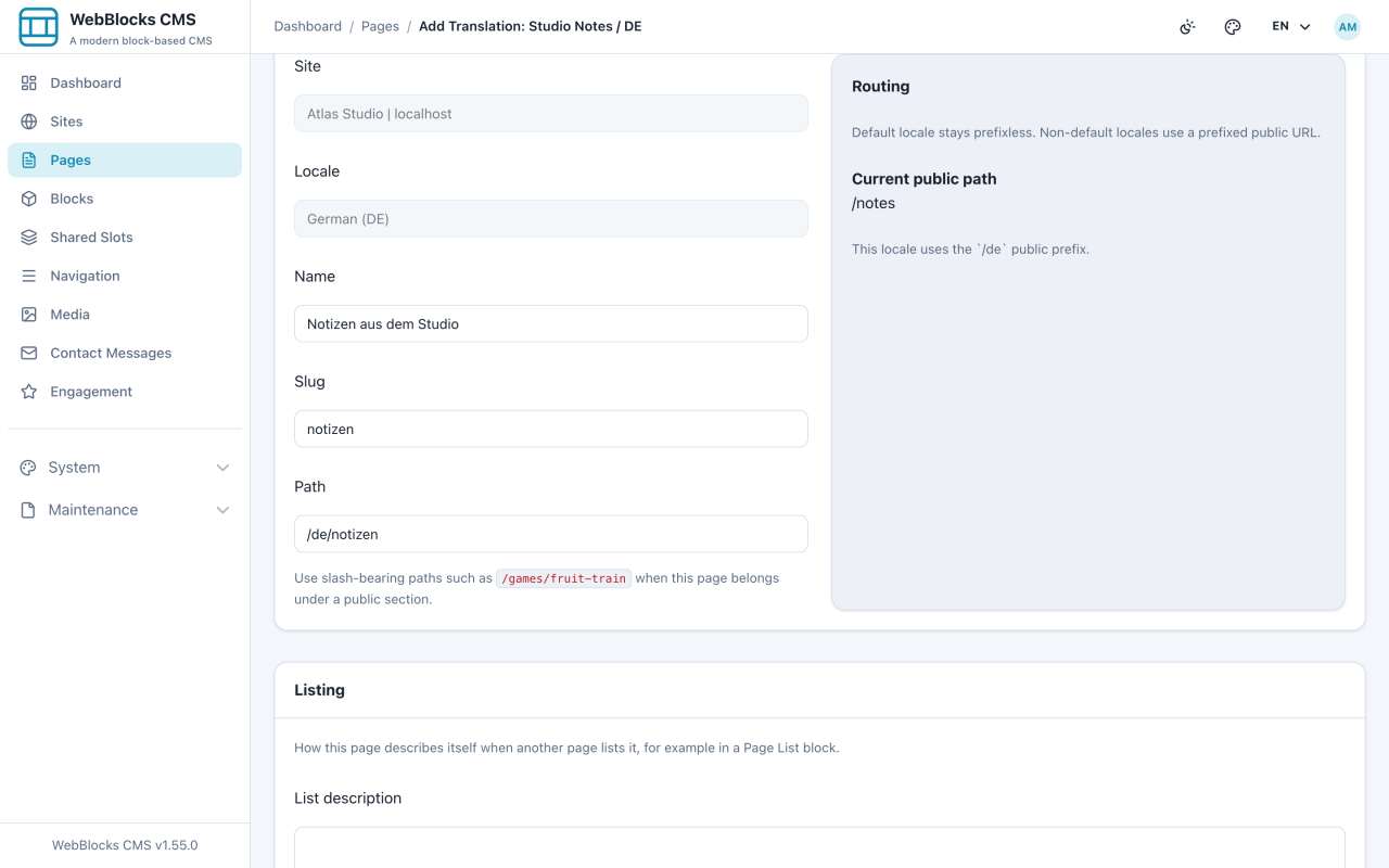 Add translation form showing routing fields for the German version of a page.