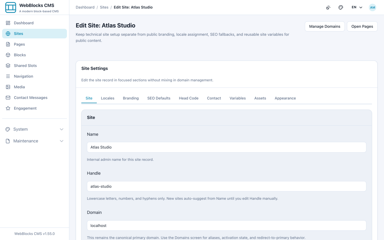 Site settings screen showing the site, locales, branding, and other tabs.