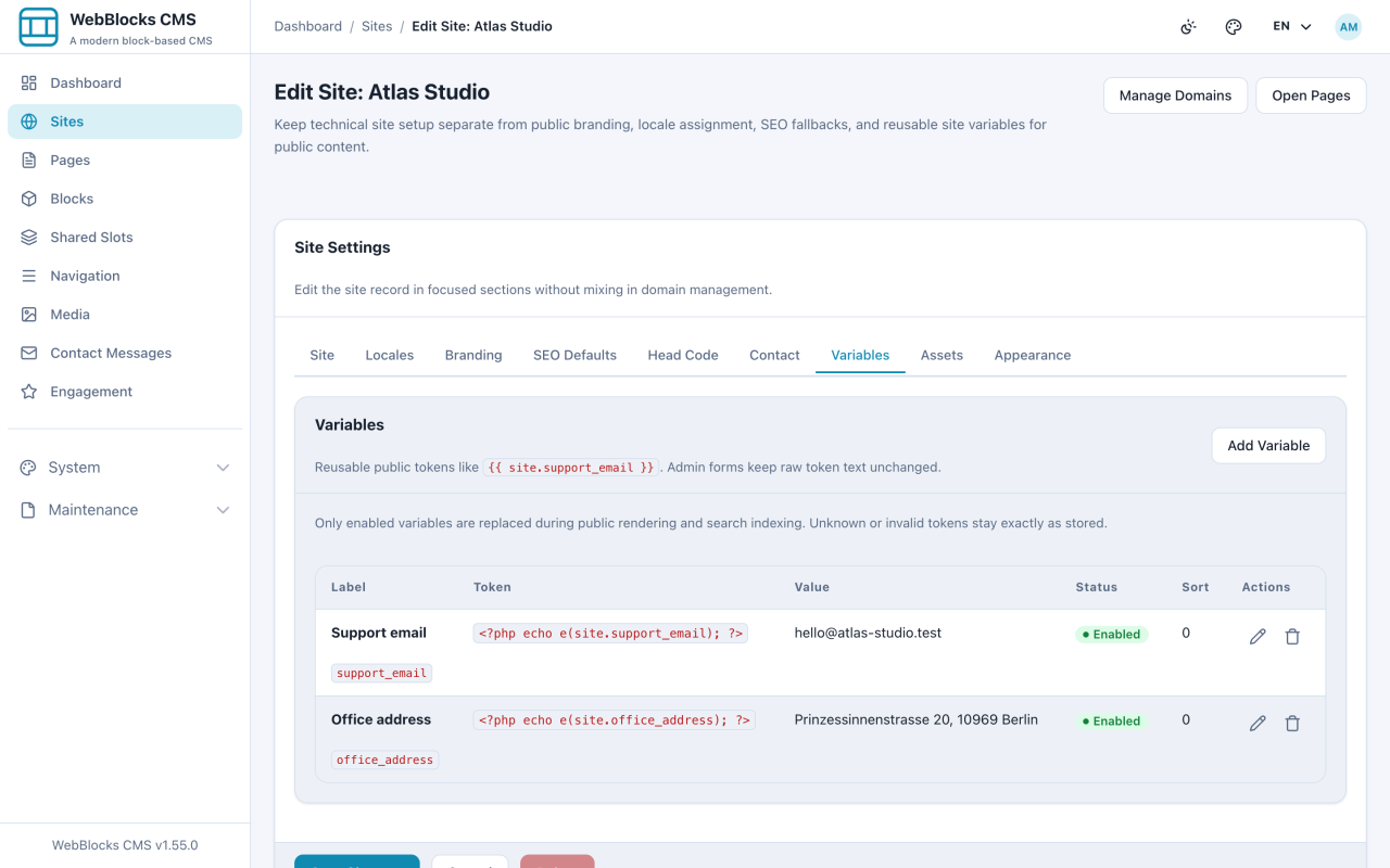 Site variables tab listing reusable public tokens with their keys and values.