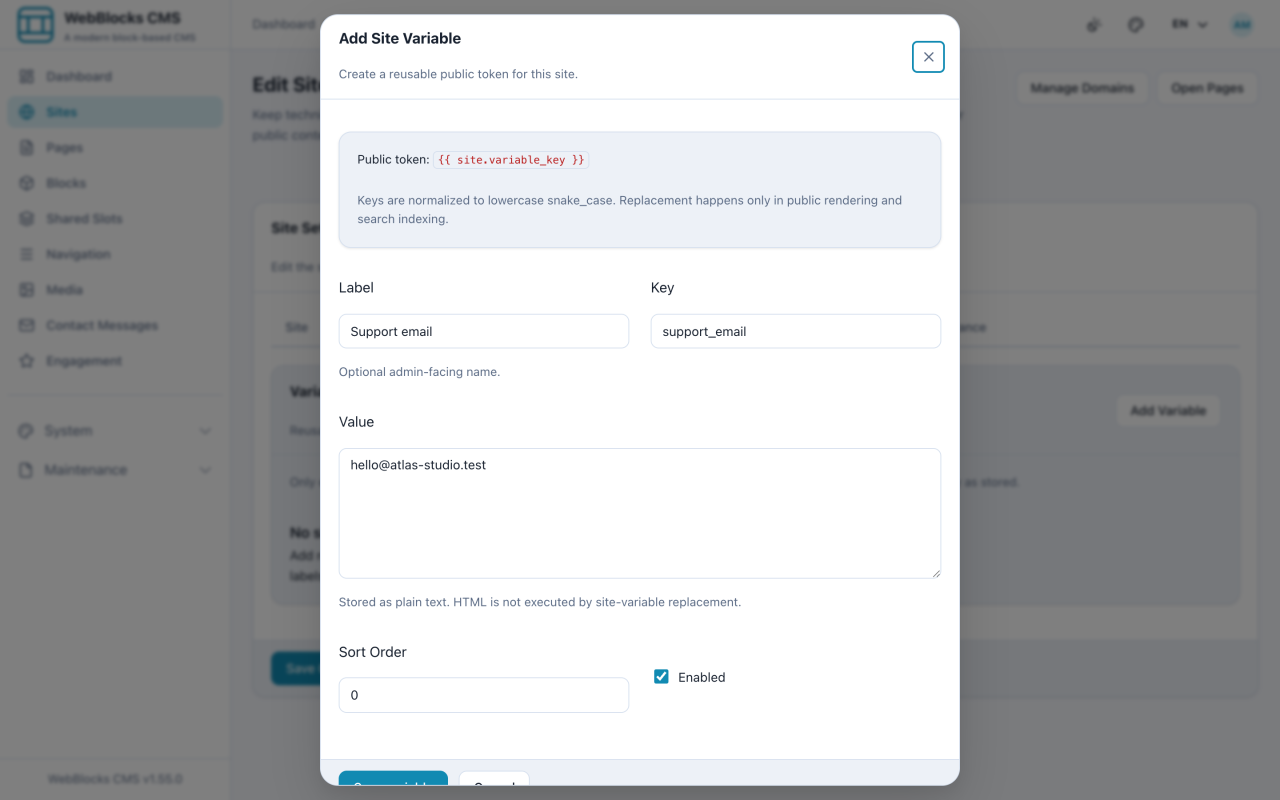 Add site variable dialog showing the public token, label, key, value, and enabled fields.