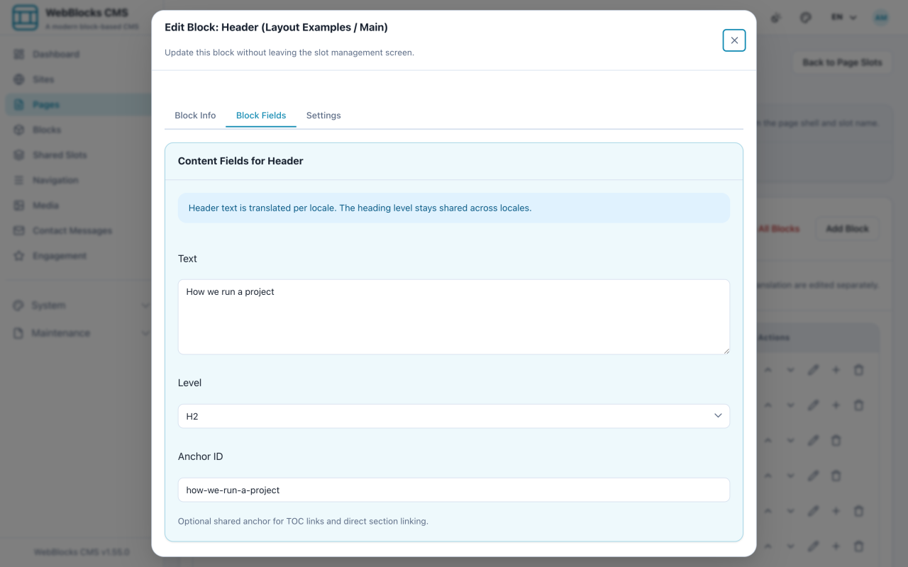 Header block form showing the text, level, and anchor ID fields.