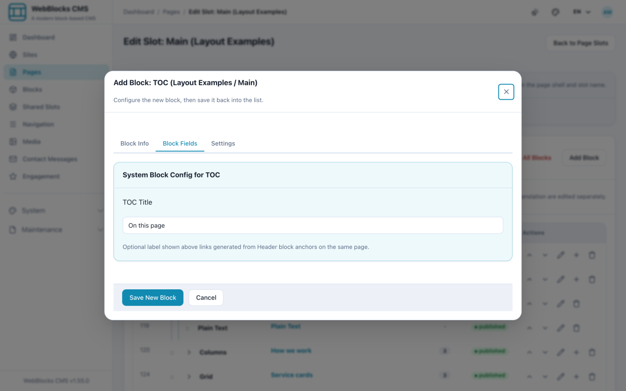 TOC block form showing the optional title field.