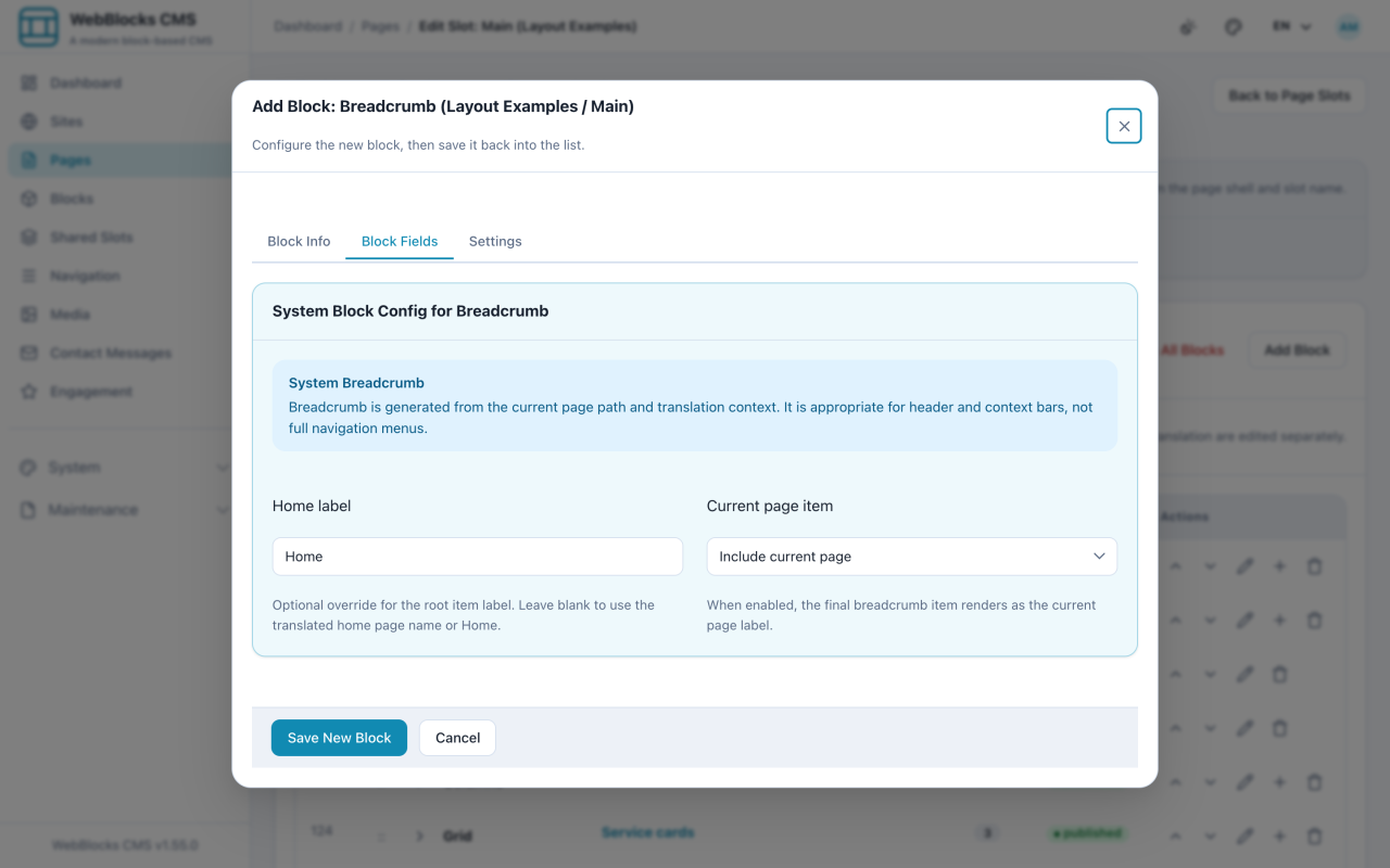 Breadcrumb block form showing the home label and current page item settings.