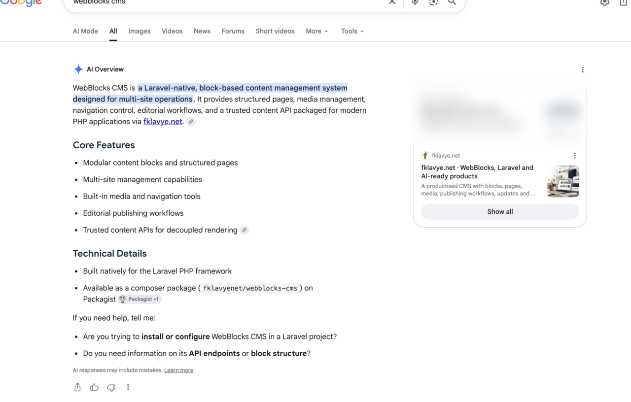 Signed-out Google Search AI Overview for the query WebBlocks CMS, observed 18 August 2026