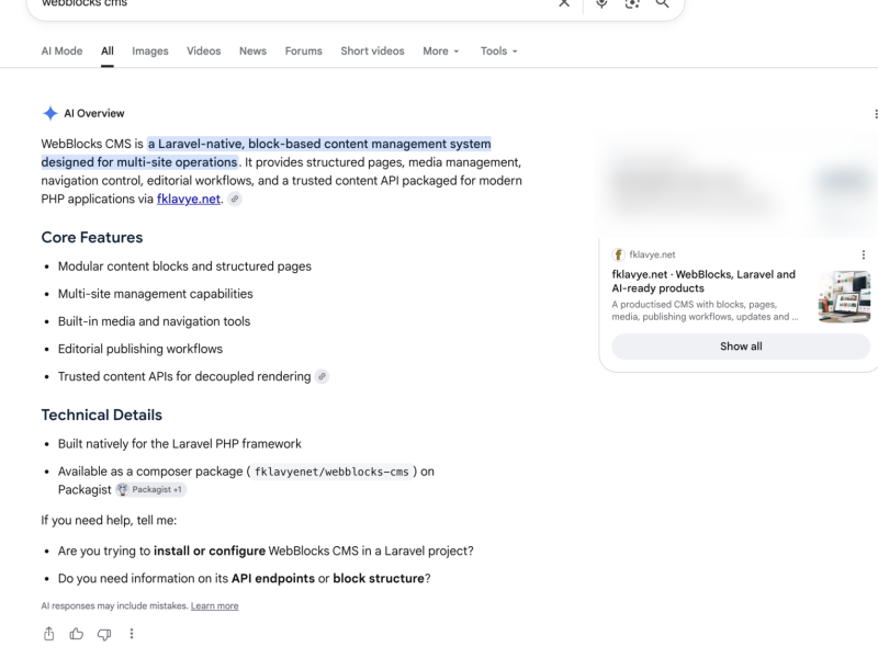 Signed-out Google Search AI Overview for the query WebBlocks CMS, observed 18 August 2026