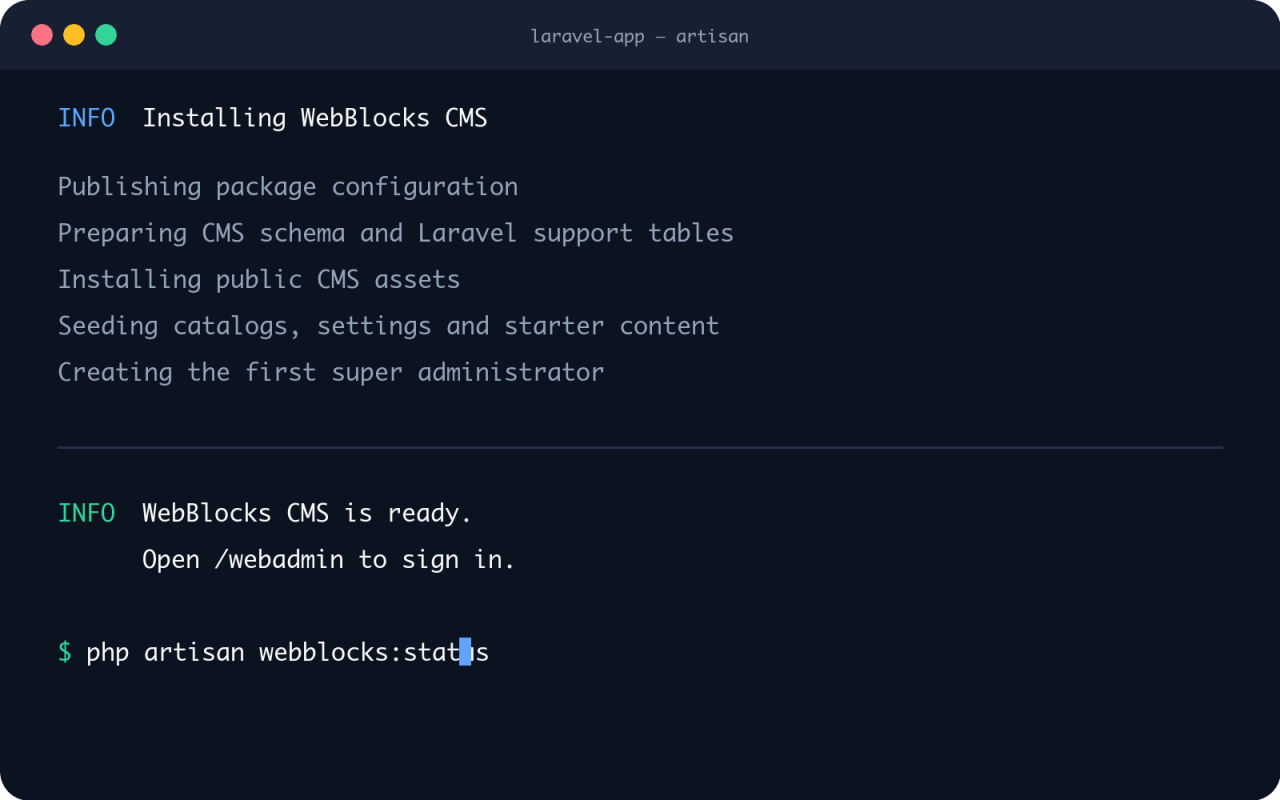 Terminal showing WebBlocks CMS installation completing successfully.