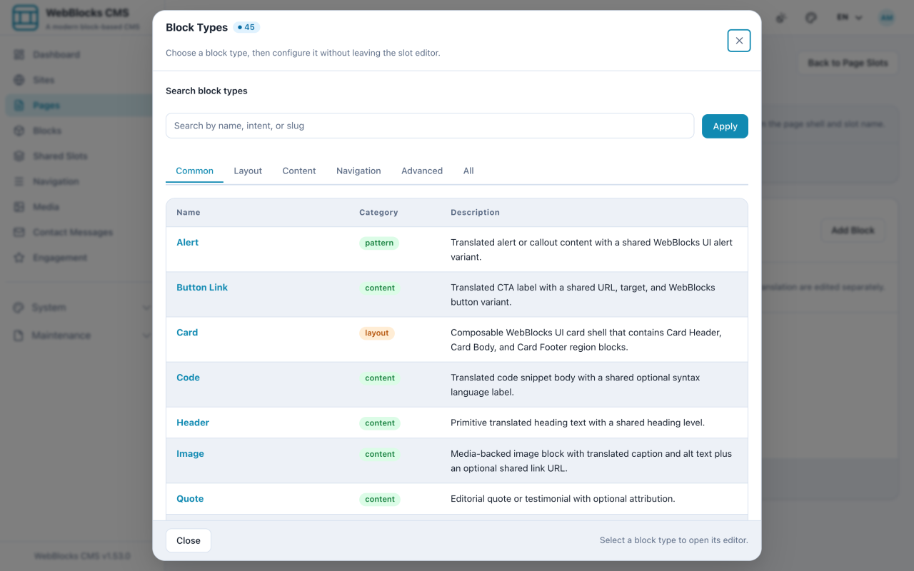Block picker showing the common block types including Header and Image.