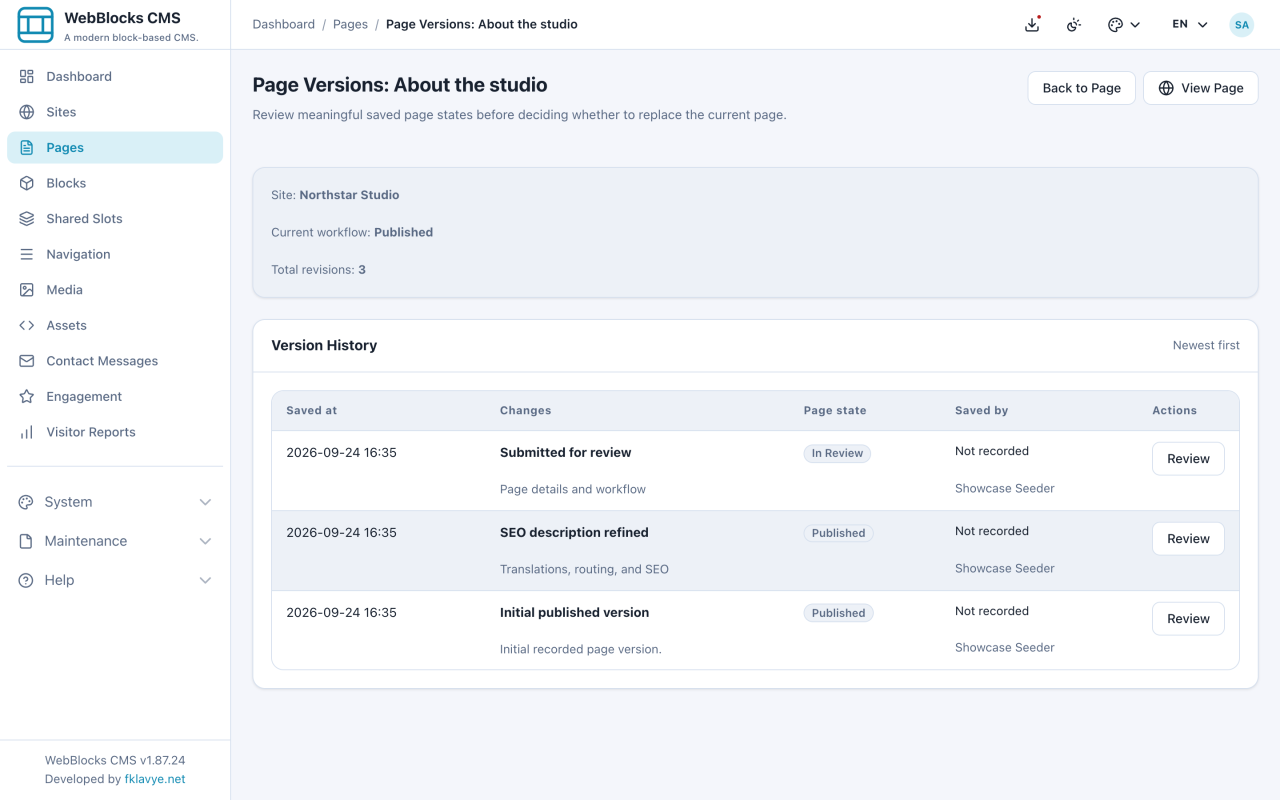 WebBlocks CMS Page Versions screen showing three saved versions and their workflow states.