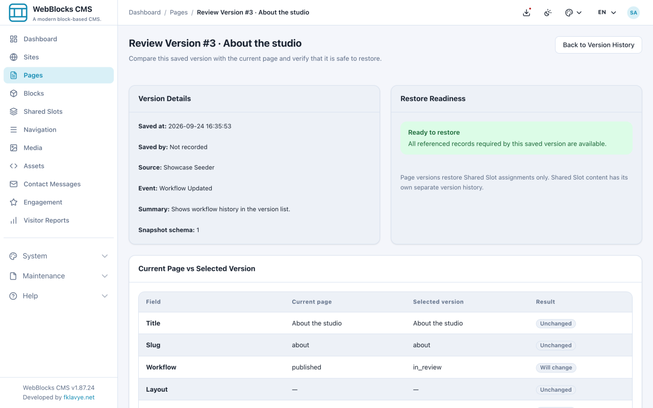 WebBlocks CMS version review comparing a selected saved version with the current page.