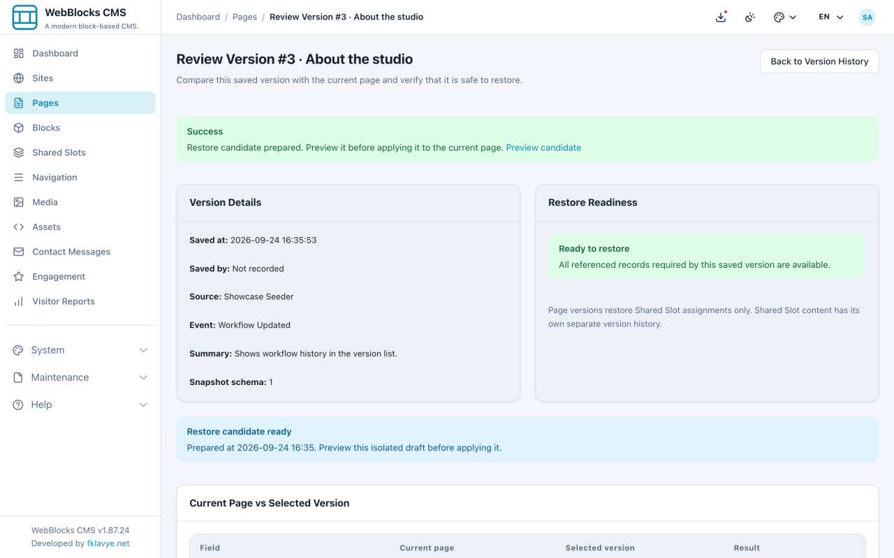 WebBlocks CMS version review after a private restore candidate has been prepared.