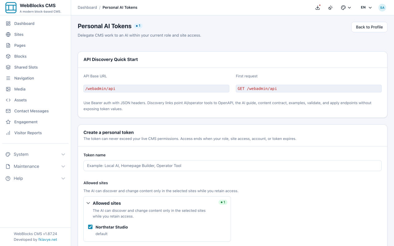 Personal AI Tokens screen showing API discovery and the start of the scoped token form.