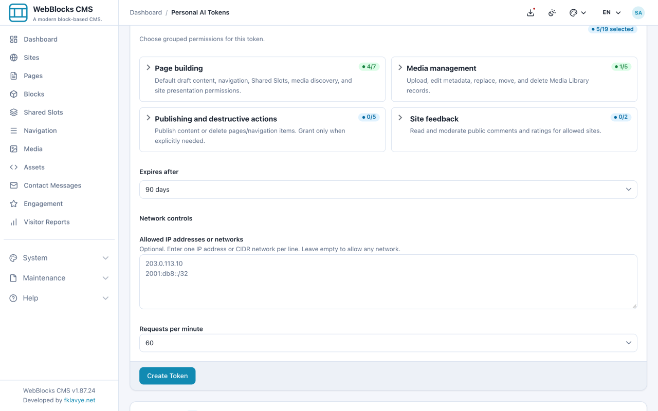 Personal AI token form showing capability, expiry, and network controls.