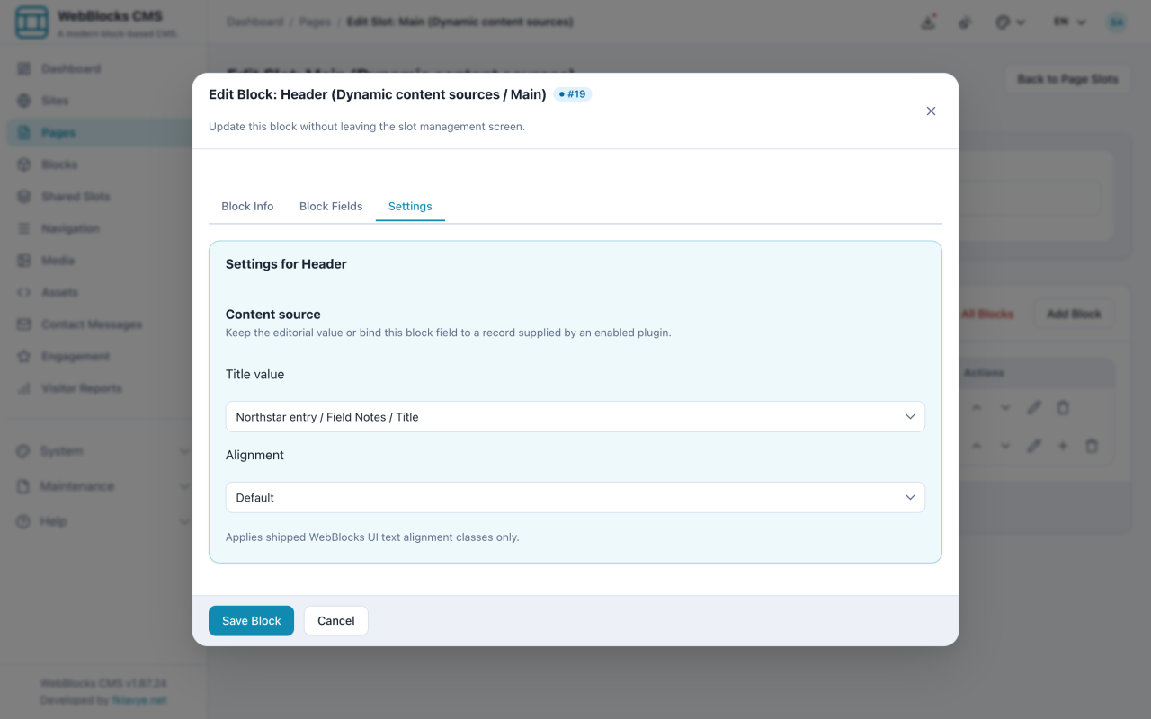 WebBlocks CMS block Settings showing a Header title bound to the Northstar entry Field Notes title.