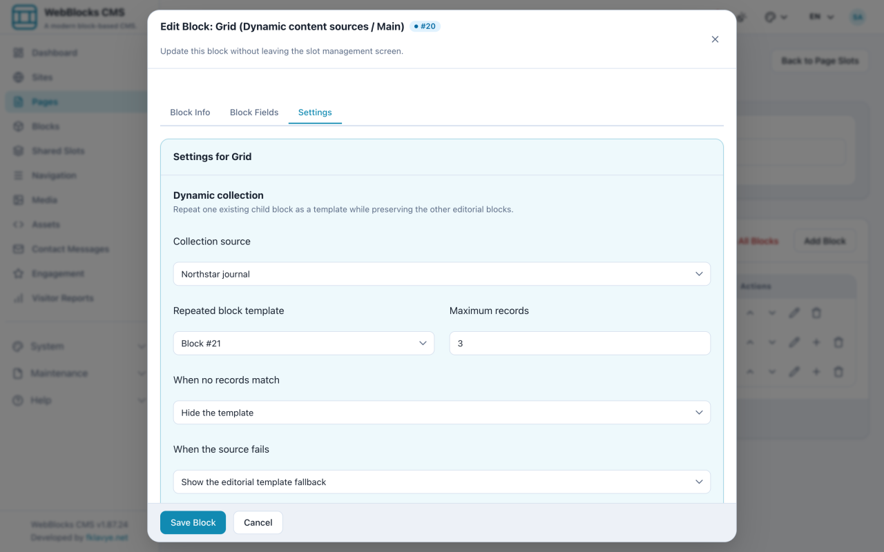 WebBlocks CMS Grid Settings showing the Northstar journal collection, repeated block template, maximum records, and fallback behavior.