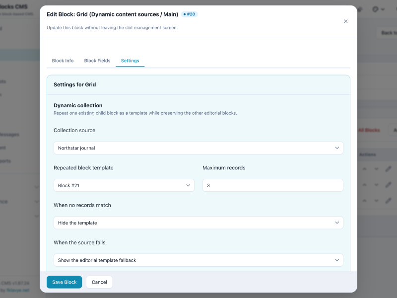 WebBlocks CMS Grid Settings showing the Northstar journal collection, repeated block template, maximum records, and fallback behavior.