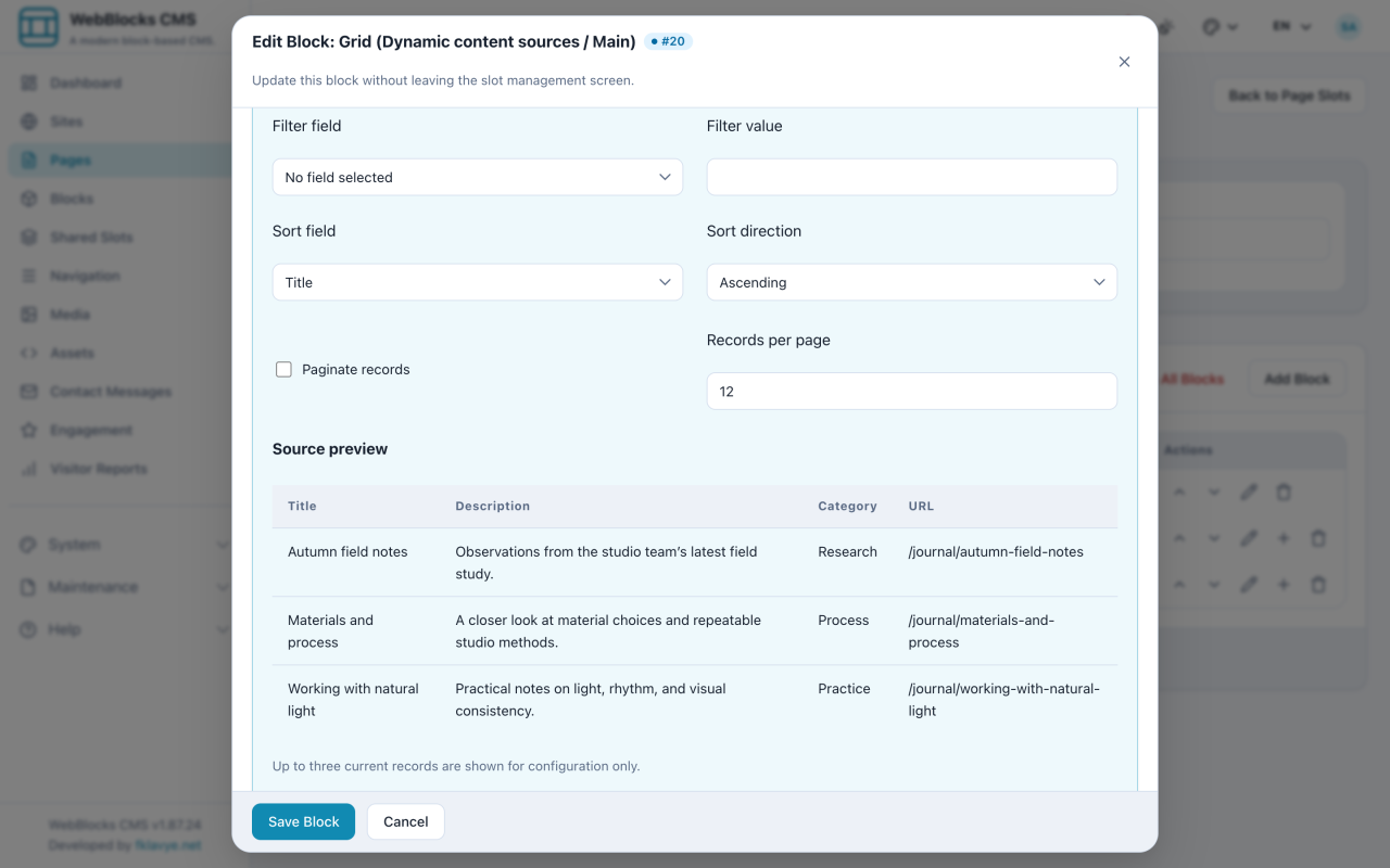 WebBlocks CMS dynamic collection Settings showing filter and sort controls followed by a three-row source preview.