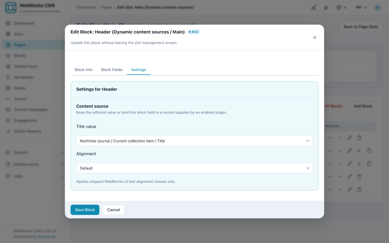 WebBlocks CMS Header Settings showing the title bound to the current Northstar journal collection item.