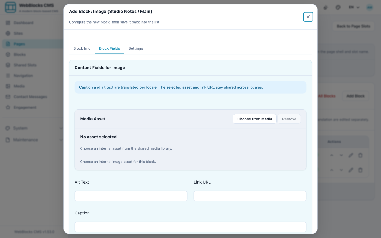 Image block form showing the Media Asset area, Alt Text, and Caption fields.