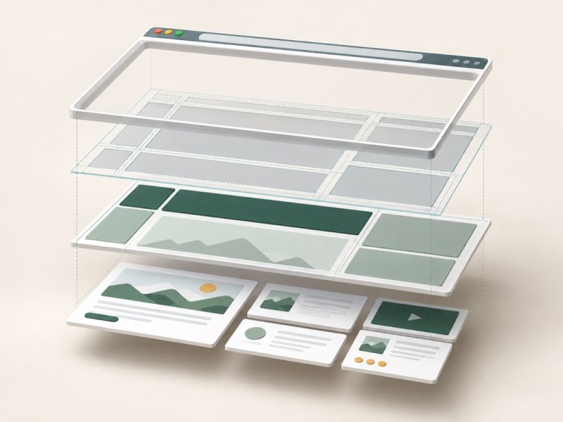 Exploded architectural illustration of a browser page, layout regions and modular content blocks.
