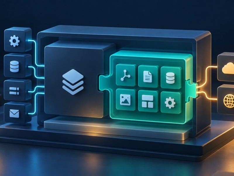 Conceptual architecture showing a modular CMS package integrated inside a larger host application boundary.