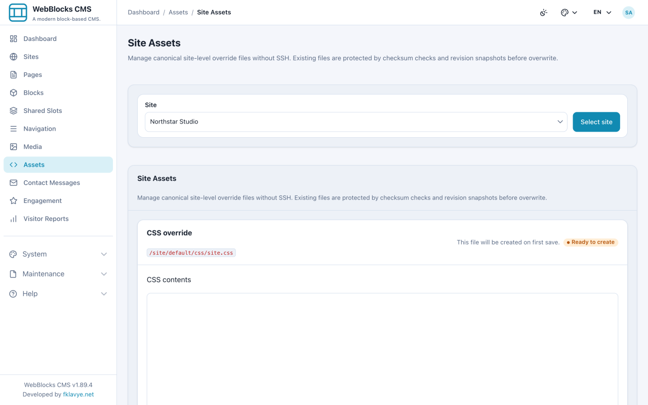 WebBlocks CMS Site Assets screen showing the Northstar Studio site and its canonical CSS override path.