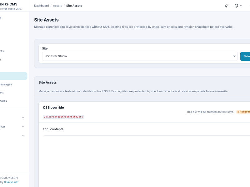 WebBlocks CMS Site Assets screen showing the Northstar Studio site and its canonical CSS override path.