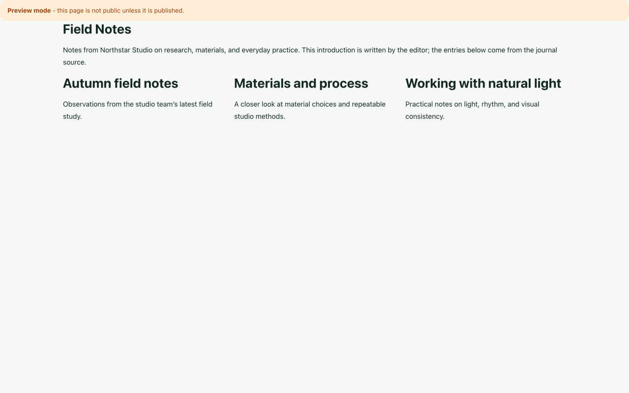 Northstar draft preview with the Field Notes heading, an editorial introduction, and three journal entries.