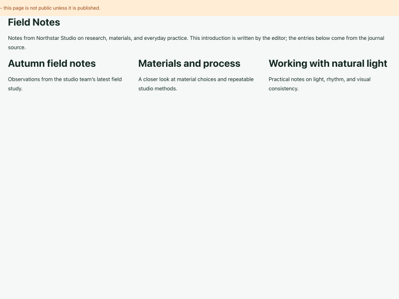 Northstar draft preview with the Field Notes heading, an editorial introduction, and three journal entries.