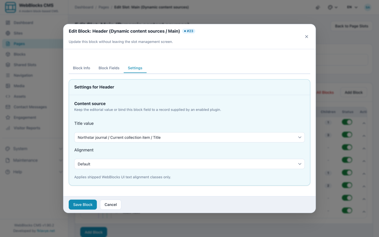 Template Header Settings with its title bound to the current Northstar journal collection item.