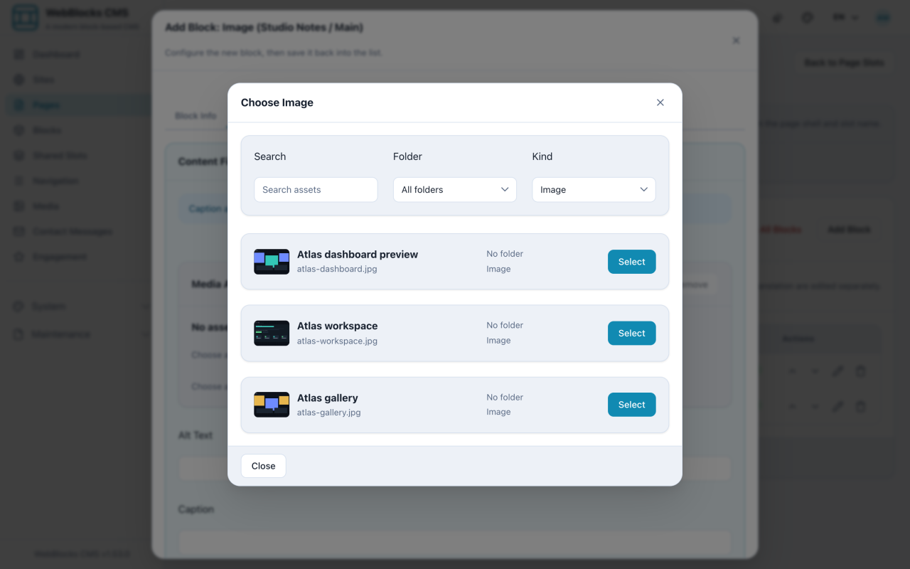 Media Library picker dialog with a list of images and a Select button on each.