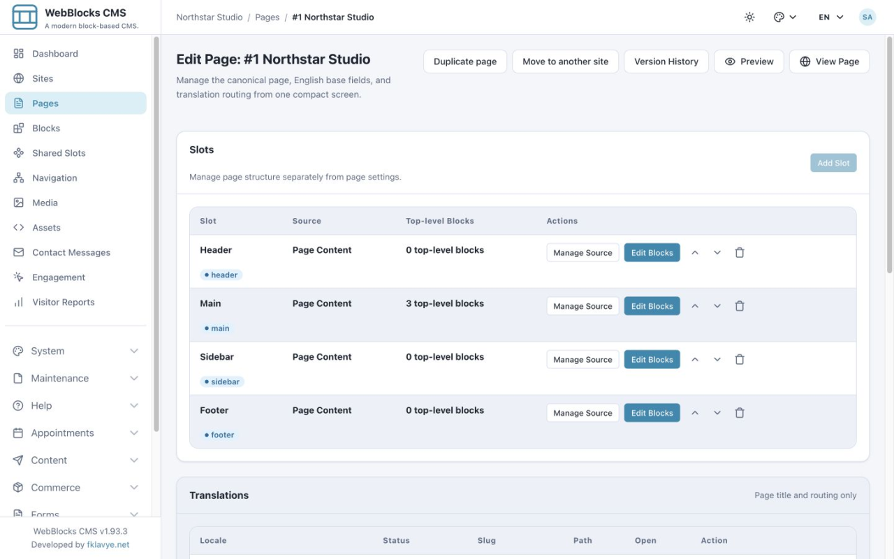 Page editor showing header, main, sidebar, and footer slots, their content sources, and Edit Blocks actions.