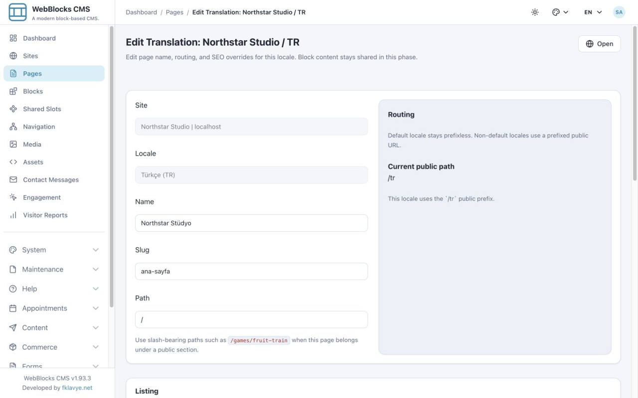 Turkish translation editor with the localized page name and slug and a Routing panel showing the /tr public path.