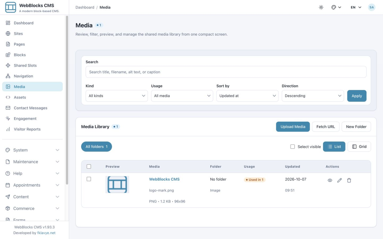 Media Library with search, kind and usage filters, upload and folder controls, and a logo record used in one location.