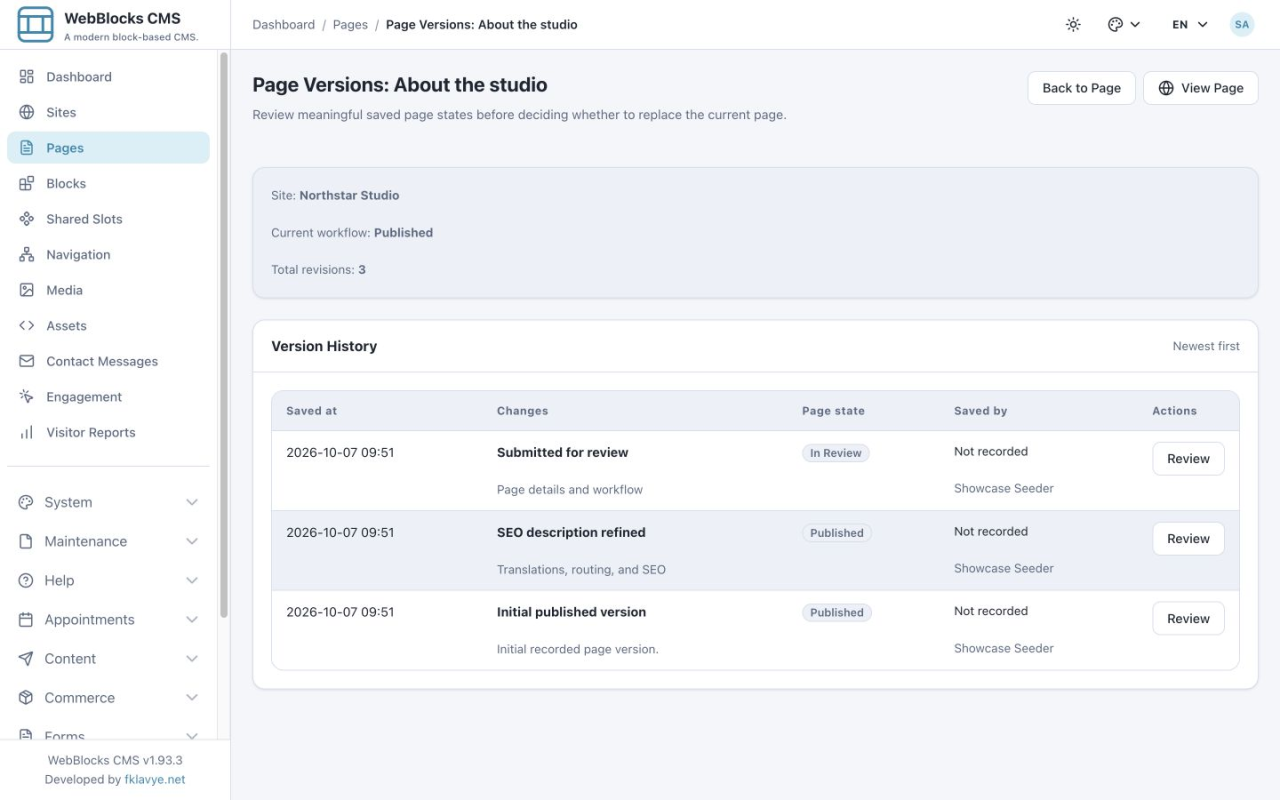About the studio Version History listing an initial published version, an SEO refinement, and a submission for review.