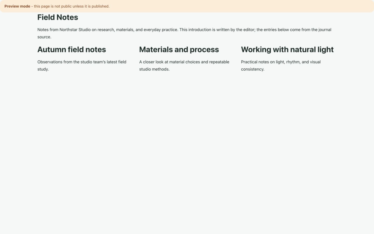 Unpublished Field Notes preview with an editorial introduction and three source-driven journal headings and descriptions.