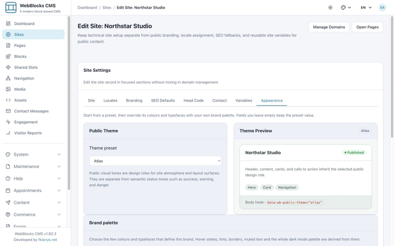 Northstar Studio Appearance settings with the Atlas theme preset, a theme preview, and brand palette controls.