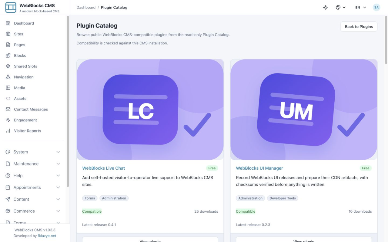 Plugin Catalog showing separate Live Chat and UI Manager entries with descriptions, compatibility labels, and release details.