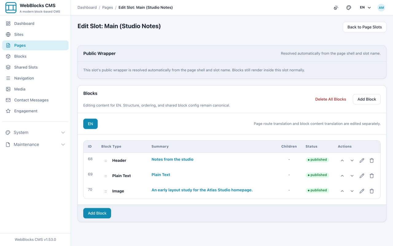Slot block list with a header, a plain text block, and an image block.