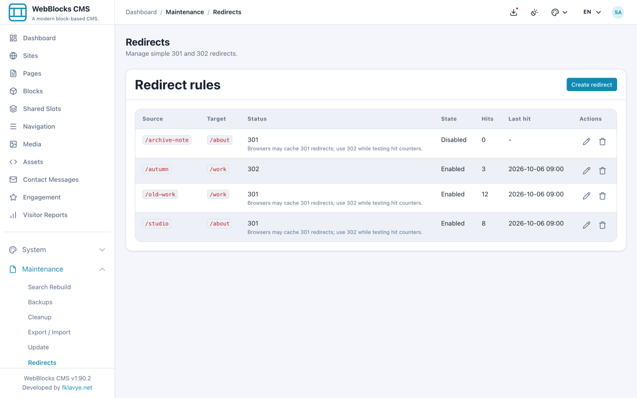 WebBlocks Redirect Manager